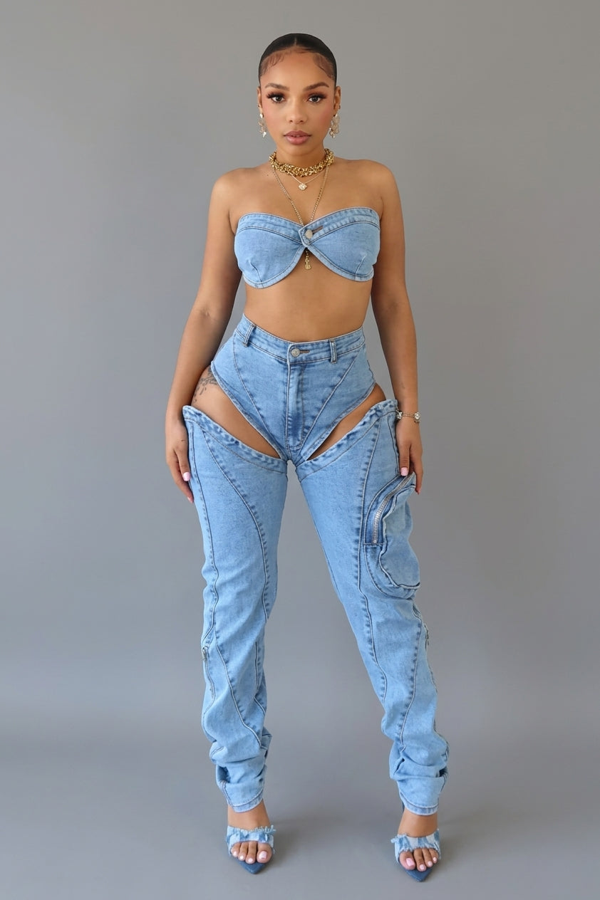 Boss Babe Denim Tube Top & Cut Out Pants SET