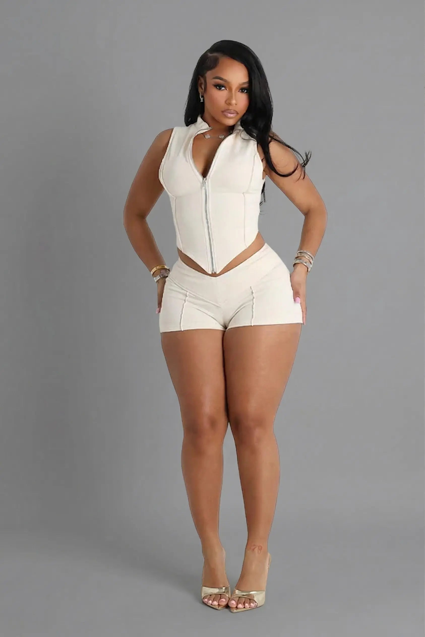 Zip-Front Mock Neck & V-Waist Shorts Set
