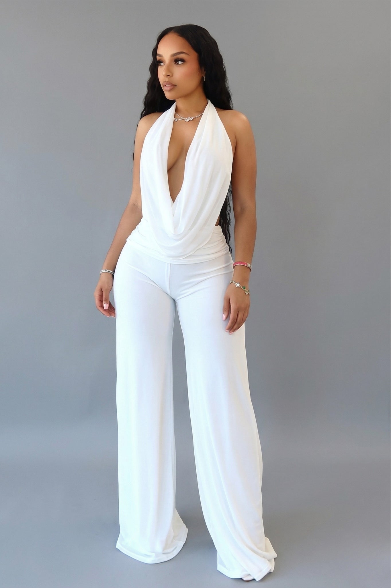 Maya Plunge Cowl Neck Mesh Jumpsuit