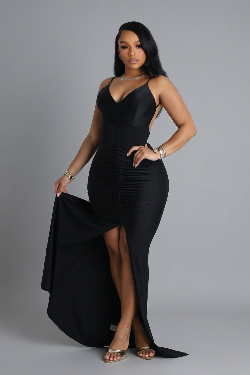 Nylon Ruched V-Neck Tank Maxi Dress